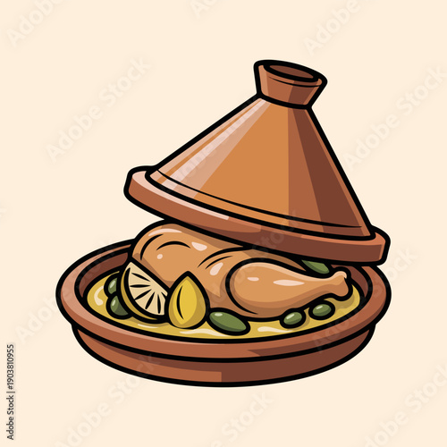 Moroccan Chicken Tagine Vector Illustration of Traditional African Clay Pot Stew with Lemon
