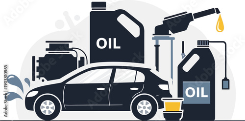 Vector car maintenance illustration with oil can and pump