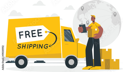 Free shipping vector illustration with delivery truck and customer