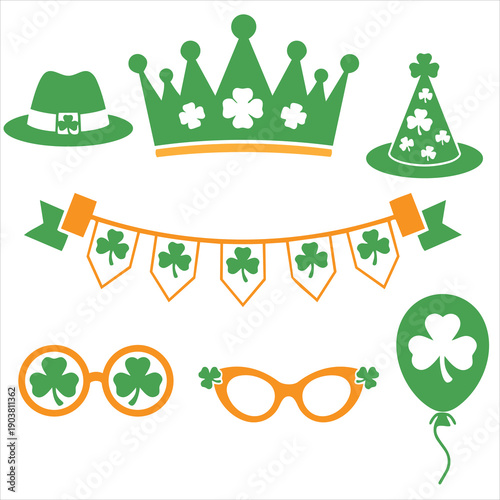 St Patricks Day Party Icons Set Shamrock Hat Crown