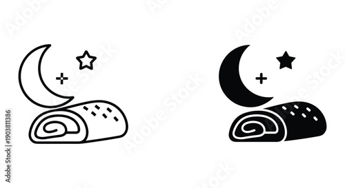 Crescent moon and star with rolled sushi minimalist black and white line art illustration