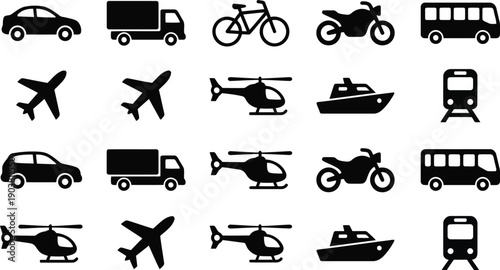 A comprehensive collection of diverse transportation vehicle icons showcasing cars trucks airplanes helicopters motorcycles buses boats and trains in a clean graphic design