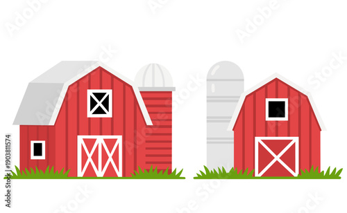 Set of two cartoon vector red barns, farm houses. Sustainability and rural. Flat vector illustration. Milk farm.