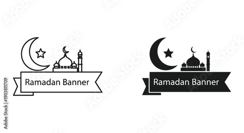 Ramadan Kareem banner with crescent moon, mosque, lantern and star vector illustration design