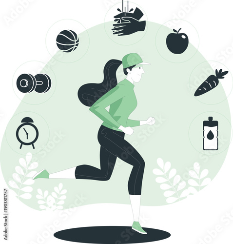 Energetic female runner with sports equipment and healthy food in flat design