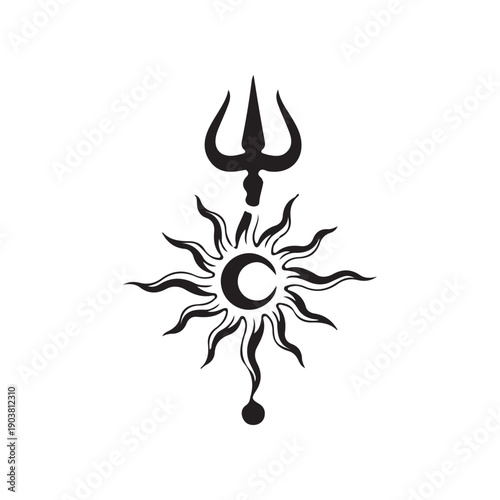 Black Shiva Trident and Sun Symbol vector