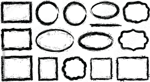 Collection of diverse grungestyle black frames and borders in various shapes and sizes isolated on a transparent background