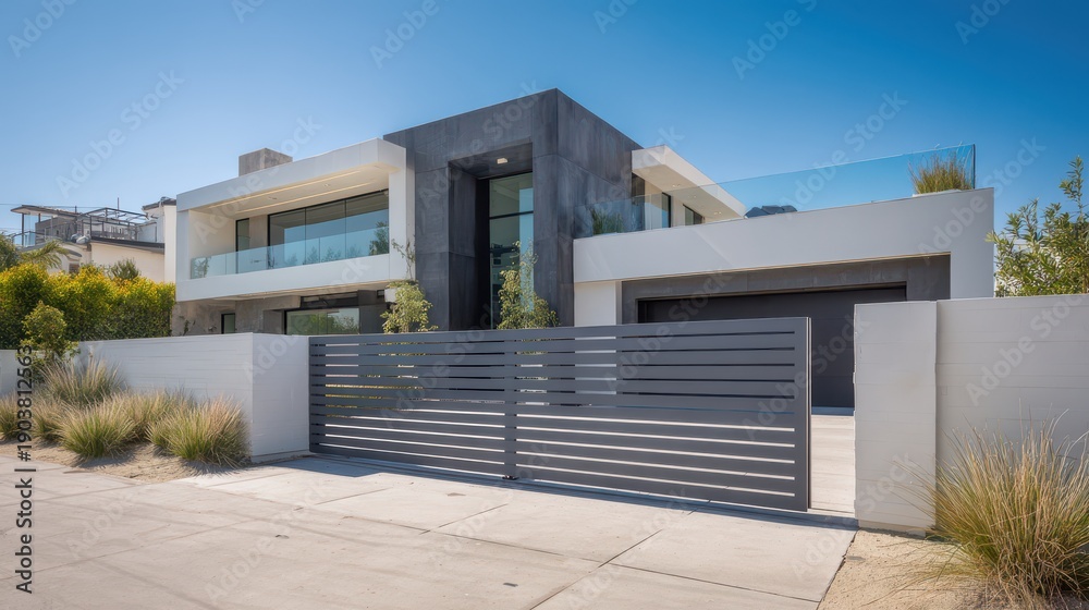Obraz premium Modern luxury house with contemporary architectural design and a sleek grey sliding gate