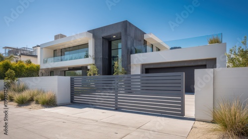 Modern luxury house with contemporary architectural design and a sleek grey sliding gate