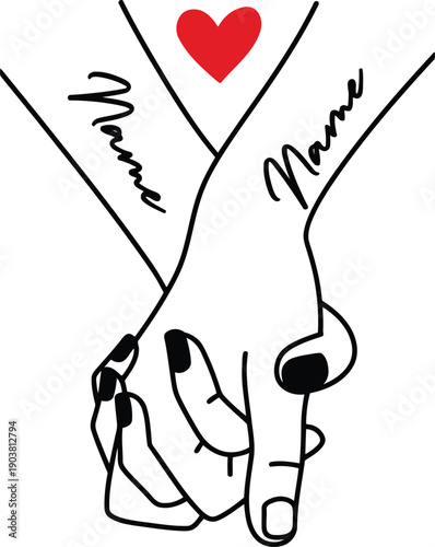 Intertwined hands with hearts and names in elegant script