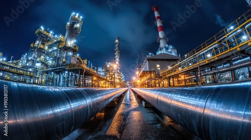 Oil refinery or chemical plant with illuminated pipelines at night