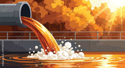 An industrial pipe discharging orange wastewater into a modern urban treatment plant's waterway with a murky effect.