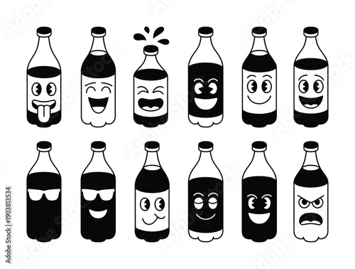Vector illustration featuring soda bottles with a variety of cartoon facial expressions