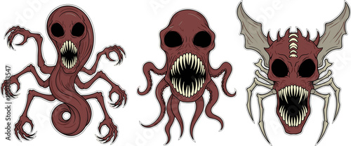 Three monstrous alien creatures with grotesque features, sharp teeth and hollow eyes, surreal horror fantasy illustration, terrifying concept art, dark science fiction design