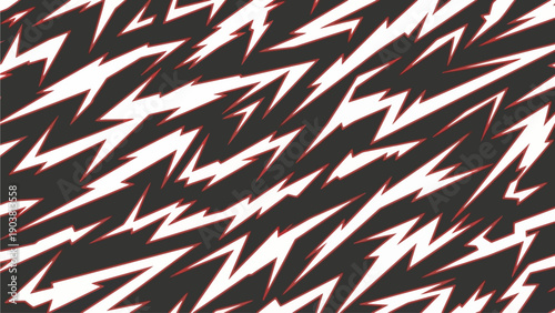 Abstract illustration of dynamic zigzag patterns in red and white on a black background from a close-up viewpoint