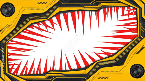 Futuristic interface shield displaying dynamic red energy bursts on a yellow metallic surface with black accents and bolts from a front viewpoint