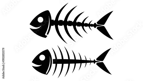 Illustration of two fish skeletons displayed side by side, showcasing their skeletal structure, in a simple black and white design, viewed from the side.
