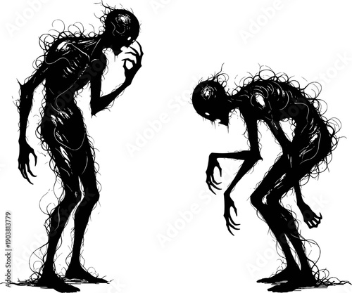 Shadow humanoid monster illustration, surreal horror fantasy artwork, grotesque alien creature design, eerie skeletal beings, creepy tendril monsters, imaginative nightmare concept, dark abstract art