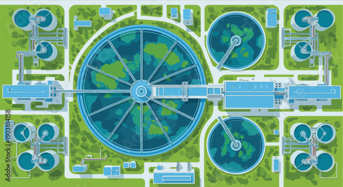 Aerial view of a modern urban wastewater treatment plant with various circular and rectangular structures amidst green spaces.