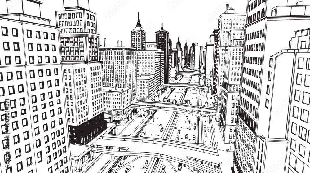 Obraz premium City landscape. Different buildings on street, outline cityscape hand sketch, flat houses. Hand drawn vector illustration