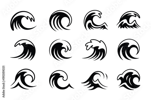 Vector illustrations of dynamic swirling wave designs in black and white for graphic art