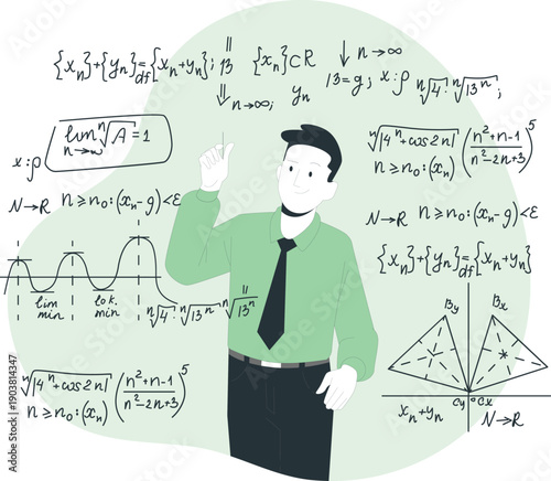 Educator teaching mathematics with enthusiasm and whiteboard formulas