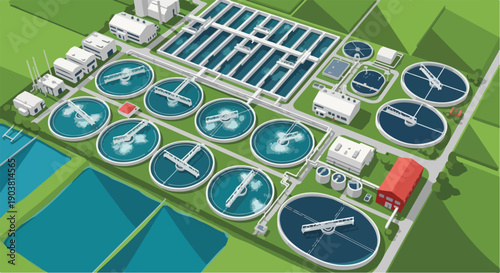 An aerial view of a modern urban wastewater treatment plant with various circular structures and facilities in a green landscape.