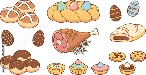 Cute Easter Feast Illustration With Traditional Holiday Foods And Decorated Eggs