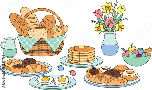 Easter Breakfast Table Illustration With Bread Pancakes Flowers And Festive Spring Food
