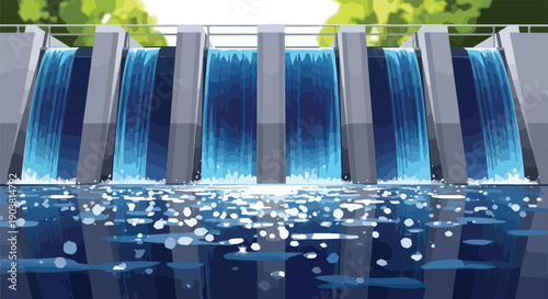 An urban wastewater treatment plant with a modern design, featuring a waterfall-like structure in a serene environment.