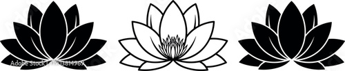 Set of black and white lotus flower silhouettes, minimalist lily floral icons for yoga meditation, zen garden wellness design elements.