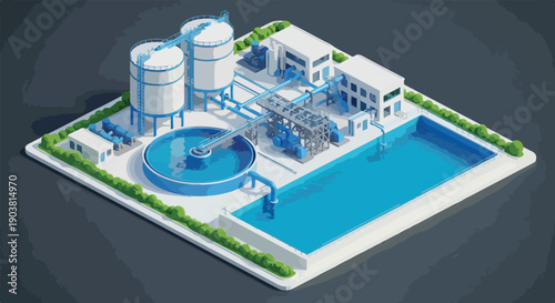 Isometric illustration of a modern urban wastewater treatment plant with a large pool and industrial facilities