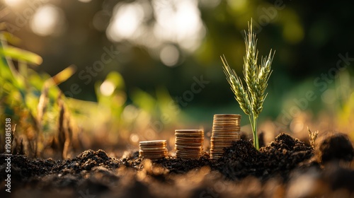 Coins stacked in ascending order on fertile soil with a wheat stalk, symbolizing financial growth and agricultural investment.
