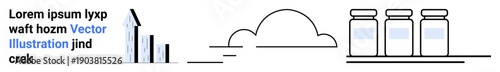 Healthcare, data analysis, cloud technology, medical research, vaccine development, digital storage. Bar chart, cloud shape and three vials on a shelf. Data analysis and cloud technology