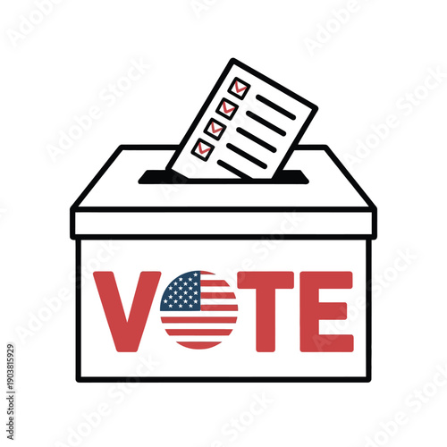 Ballot box with a ballot in the slot, showing the American flag in the word VOTE.