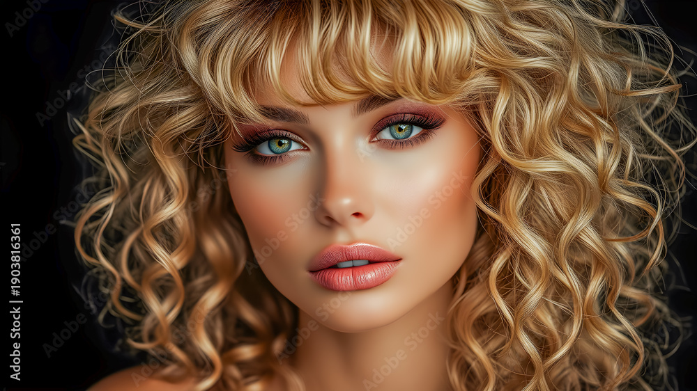 Fototapeta premium Gorgeous closeup portrait of blonde woman. Sexy curly hair smooth skin natural makeup skincare facial concept beauty model professional studio photography black background lifestyle aesthetic wellness
