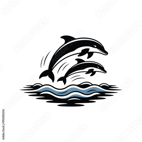 Two dolphins are leaping out of the water, jumping over waves.