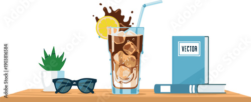 Relaxing moment with iced drink and sunglasses on wooden table with books and plants nearby from a casual viewpoint