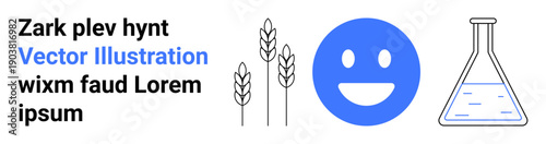 Agriculture, science, laboratory research, food production, biotechnology, chemistry. Wheat stalks, happy face laboratory flask. Agriculture and science concepts