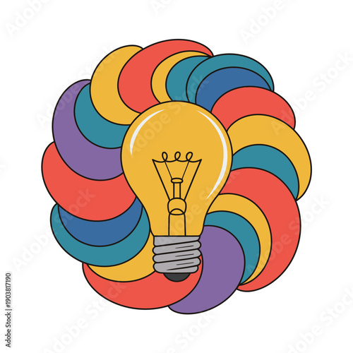 A glowing light bulb is surrounded by a colorful abstract swirl of shapes.