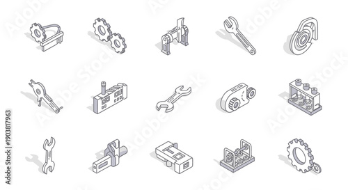 Isometric Outline Set of Industrial and Mechanical Engineering Icons on Isolated White Background