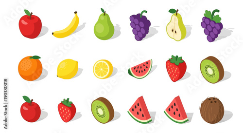 Dynamic Collection of Fresh Fruit Icons with Slight 3D Perspective on Isolated White Background