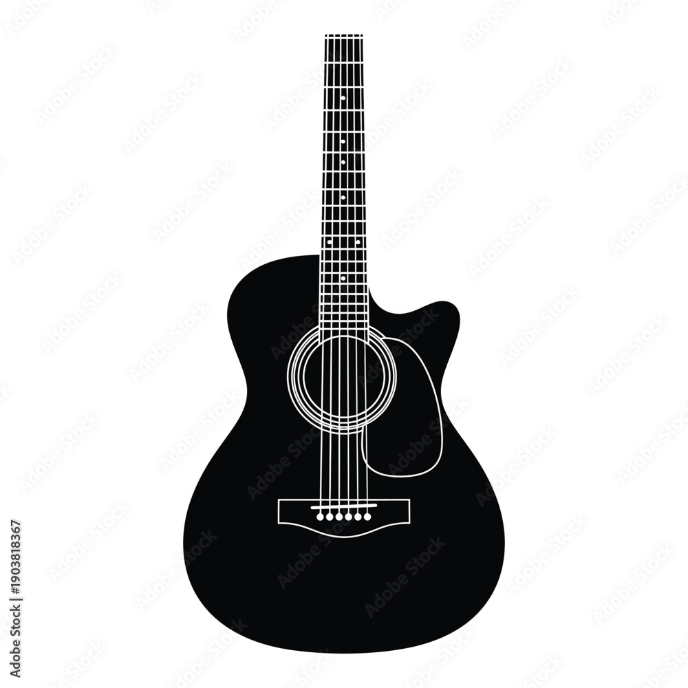 Obraz premium Black acoustic guitar silhouette with white outline and cutaway black guitar musical instrument desi