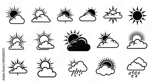 Collection of Various Weather Condition Icons in Outline and Solid Styles on Isolated White Background