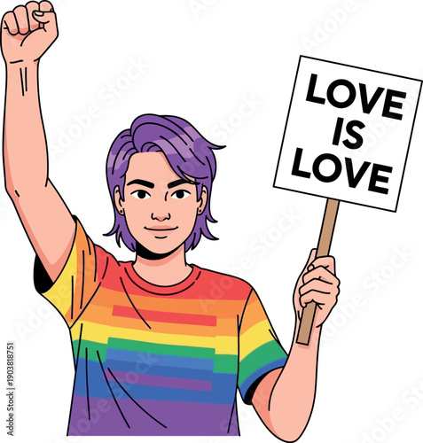 Illustration of a young LGBT activist with purple hair, wearing a rainbow coloured tshirt, one hand raised in a fist and the other holding a placard, isolated on white background