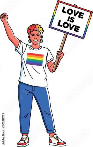 Illustration of a young LGBT activist with colourful hair, wearing a rainbow coloured tshirt and jeans, one hand raised in a fist, the other carrying a placard