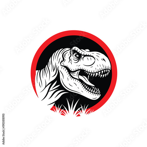Fierce Tyrannosaurus Rex head roaring in profile, a striking prehistoric vector emblem
