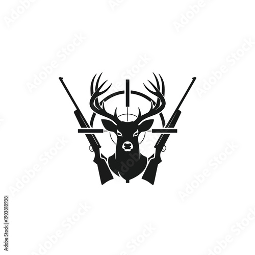 Hunting Emblem with Majestic Stag, Rifles, and Aiming Scope - Vector Illustration for Outdoor Sports