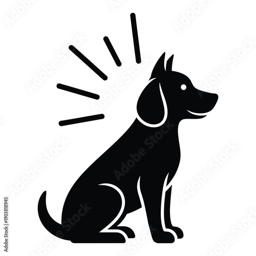 Black and white silhouette of a sitting dog barking with sound lines des