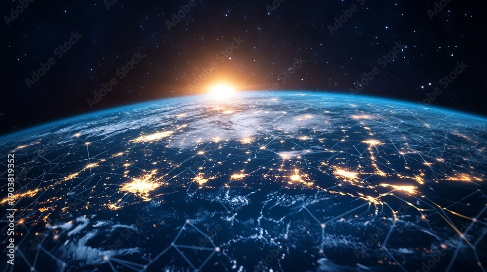 Obraz premium A stunning view of the Earth from space with a bright sun rising over the horizon and city lights shining at night